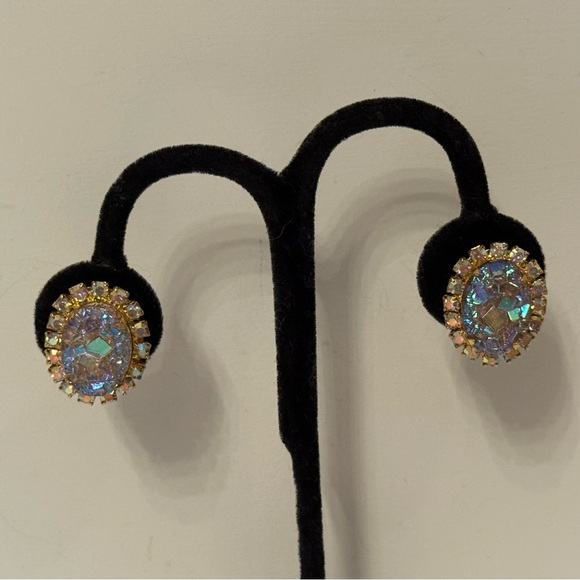 VINTAGE EARRINGS AB CRYSTAL AURORA BOREALIS CLIPS GOLD TONE SETTING ICE CENTER - Picture 3 of 7